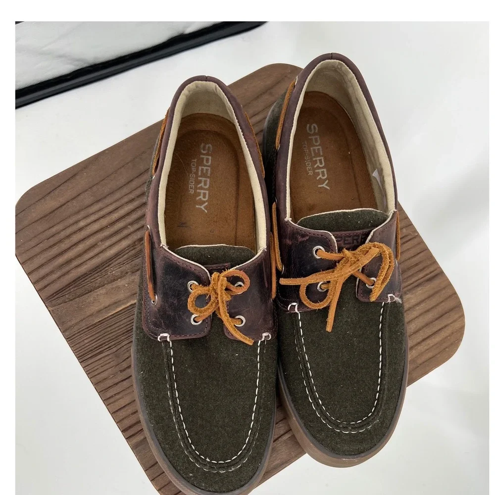 Sperry Top-Sider Bahama II Mens 12 Olive Green Wool Leather Boat Shoes STS18119